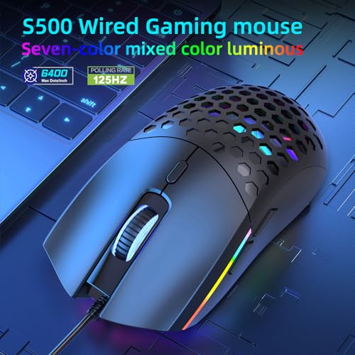 Zopsc Gaming Mouse Wired, RGB Backlit Ergonomic 6400DPI Optical, Lightweight Computer Gaming Mouse, Colorful LED Lighting for PC Laptop Work, Black - color: S500 Black