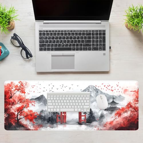Japanese Gaming Mouse Pad Mountains Cherry Blossoms Watercolor Large Gaming Mouse Mat with Stitched Edges,Non-Slip Waterproof Rubber Base Mous Mat 31.5"x11.8" - color: Japanese, size: 31.5L x 31.5W inches