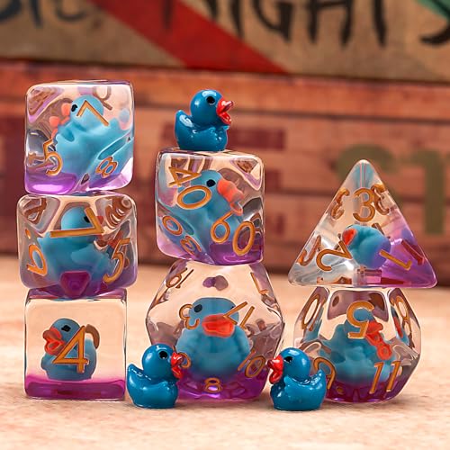 Resin DND Duck Dice Set, D&D Polyhedral Dice for Dungeons and Dragons RPG, MTG Role Playing Games D and D Dice 7pc D20 D12 D10 D8 D6 D4 - color: Blue Duck