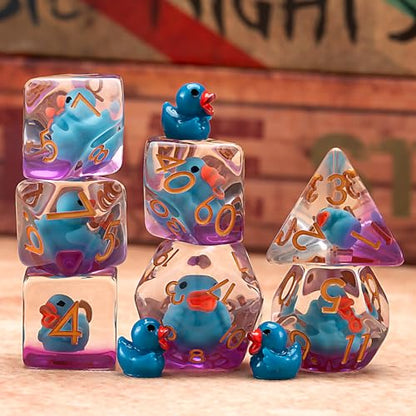Resin DND Duck Dice Set, D&D Polyhedral Dice for Dungeons and Dragons RPG, MTG Role Playing Games D and D Dice 7pc D20 D12 D10 D8 D6 D4 - color: Blue Duck