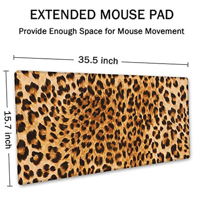 SSOIU Extended Gaming Mouse Pad (35.5x15.7 in), Large Non-Slip Rubber Base Mousepad with Stitched Edges, Waterproof Keyboard Mouse Mat Desk Pad for Work, Game, Office, Home - Leopard Print - color: Leopard