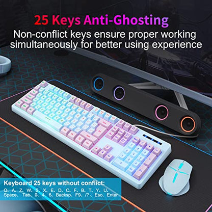 HUO JI Gaming Keyboard USB Wired with Rainbow LED Backlit, Floating Keys, Mechanical Feeling, Spill Resistant, Ergonomic for Xbox, PS Series, Desktop, Computer, PC, Blue Purple - color: Blue/Purple