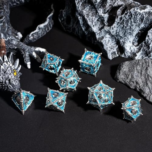 Metal DND Dice Set Blue Dragon Eye Metal Dice Set for Tabletop Games | Leather Storage Bag, DM Gift, for Dungeons and Dragons Role Playing Games - color: Dragon-silver Blue