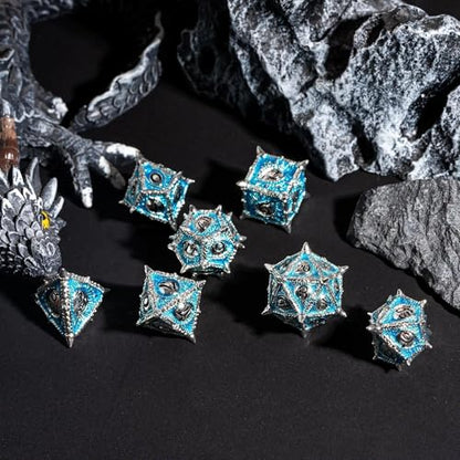 Metal DND Dice Set Blue Dragon Eye Metal Dice Set for Tabletop Games | Leather Storage Bag, DM Gift, for Dungeons and Dragons Role Playing Games - color: Dragon-silver Blue