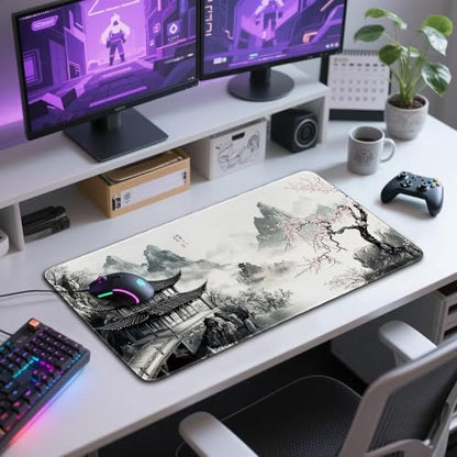 Japanese B&W Cherry Blossoms Gaming Mouse Pad Desk Mat 31.5"x15.7 | Extended Mousepad, Non-Slip Rubber Base , Stitched Edges, for Computer/Laptop/Office/Home - color: Black and White