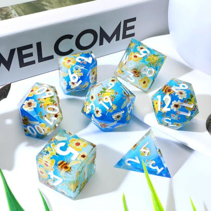 XENOLUX Resin DND Dice Set, Polyhedral RPG Dice for Dungeons and Dragons Board Games - Blue Sky White Clouds Bee & Flower Theme - Sharp Edge Handmade Solid Nature Dice (L14) - color: L14
