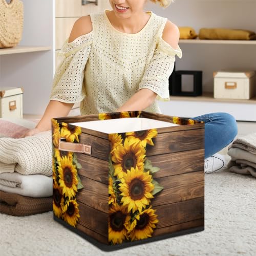 13x13 Inch Storage Basket Bin Sunflower On Wooden Board Polyester Cloth Storage Cube Box Toys Clothes Towels Organizer for Kids Room Bedroom Shelves Pantry