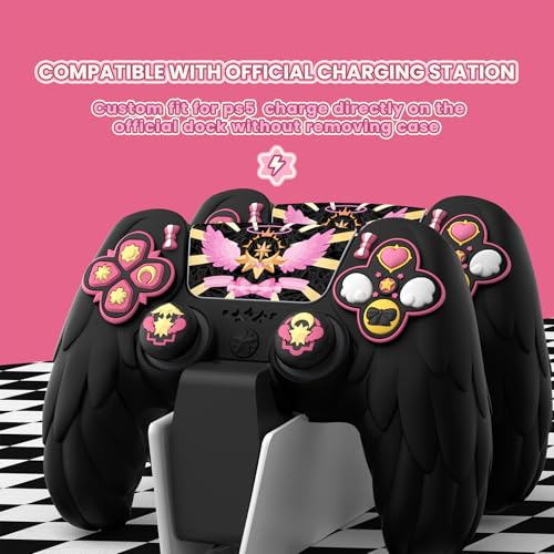 PlayVital Magic Wings Protective Silicone Cover Skin for ps5 Controller – Soft Anti-Slip Grip Protector Case for ps5 Controller with Thumbstick Caps & Stickers, Charging Station Compatible - Black - color: Black