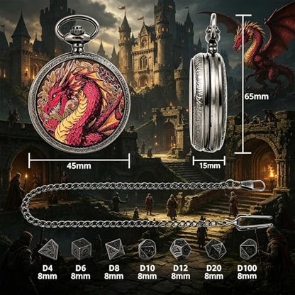 DragonSword D&D Dice Set with Pocket Watch Case, 7PCS Metal Dice Set for DND, Mini Dice with Gifts Case, Role Playing Board Games Accessories Gifts (3-Headed Dragon) - color: 3-headed Dragon