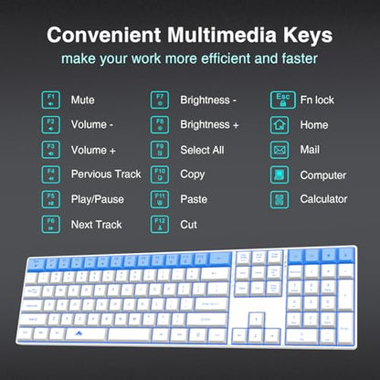 POWZAN Wireless Backlit Keyboard Quiet - Computer Rechargeable Ergonomic Light UP Keyboard, Silent Keys Full Size Compatible for Windows, Desktop, Laptop, PC, Gaming, PS5 - White - color: White
