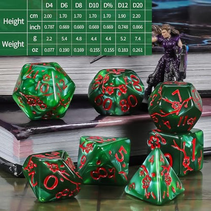 CiaraQ 7pcs Polyhedral Dice Set for Dungeon and Dragons MTG Table Games | Acrylic Role Playing Dice for D&D with Black Velvet Bag – Green Pearl with Red Numbers & Plum Blossom Patterns - color: Green and Red Floral Dice