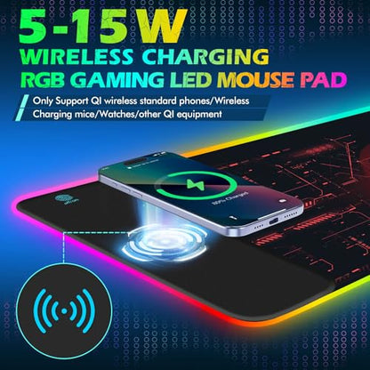 ToLuLu RGB Gaming Wireless Charging Mouse Pad, 10 Light Modes LED Mouse Pad | 5/7.5/10/15W Computer Keyboard Mat Mousepad, 800x300x4MM Extended Large Desk Mat for Gaming, MacBook, Laptop, PC,Cool Red - color: Cool Red