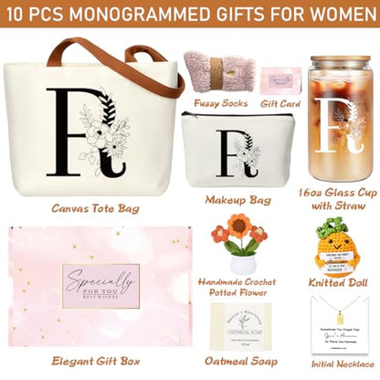 DHQH Birthday Gifts for Women, Monogrammed Gifts Box Included 16 oz Initial Glass Drinking Cup,Canvas Tote Bag，Personalized Iced Coffee Tumbler Gift for Women Her Mom Teacher Friends Sister，R - color: letter-cup-r