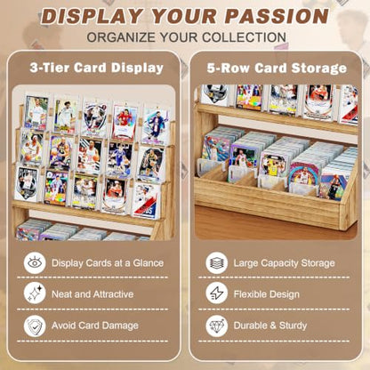 Emfogo Trading Card Display, 3-Tier Card Display Stand with 5-Row Storage, Wooden Graded Card Display, Large Capacity Sports Cards Display Case for Cards Game Collection (Brown) - color: Brown