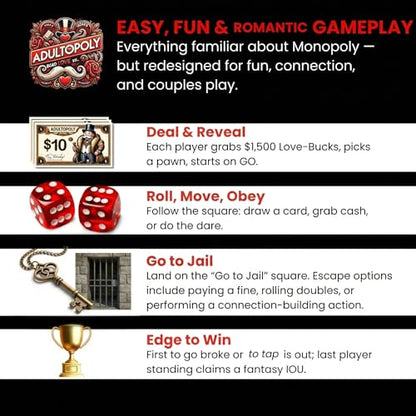Adultopoly Couples Board Game - Romantic Date Night Game for Partners, Fun Relationship Building Activity, Anniversary and Valentine's Day Gifts for Him or Her