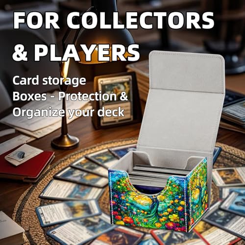 Trading Card Storage Box, Holds 100+ for MTG Cards, Premium PU Leather with Magnetic Closure, Stained Glass Tree And Flowers Durable Deck Box for Magic the Gathering, Trading Card Games - color: Stained Glass Tree And Flowers