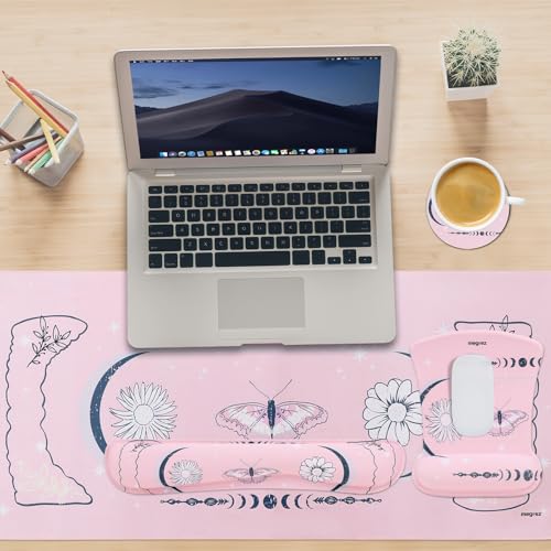 MEGREZ 4-in-1 Mouse Pad with Wrist Rest Ergonomic Memory Foam Desk Mat Set | ergonomic, anti-slip base, 4pcs set, desk pad, mouse wrist rest, keyboard rest, coaster, ideal for office & gaming - color: Cherry Blossom Pink