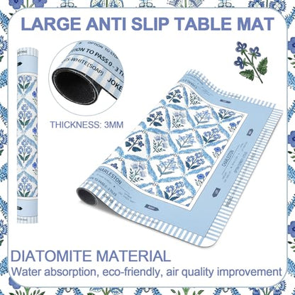 Tegeme Mahjong Mat Blue Flower 22" X 22" Anti Slip Game Table Cover | Noise Reduction for Quiet Play, Chinoiserie Floral Design, Non Slip Backing Secures Mat, For Mah Jong Card Tile Games - size: 22" X 22", style: Blue Flower