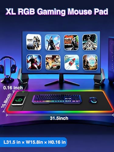RGB Gaming Mouse Pad with 15W Magnetic Wireless Charging, 31.5'' x 15.8'' | 24 Lighting Effects Desk Mat LED Mousepad with Non-Slip Rubber Base, Light up Your Desk, Waterproof Ultra-Smooth Surface - color: RGB-31.5"x15.8"