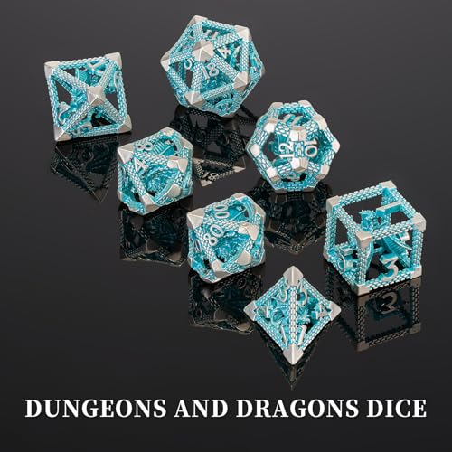 3D Hollow Dragon Dice Set, 7-Piece Metal DND Dice, Blue White | Lightweight copper hollow polyhedral dice with clear numbers,gift box and velvet bag for DND players and collectors. - color: Blue White Dragon