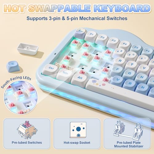 YUNZII C75 Wireless Mechanical Keyboard,75% Layout, Hot-Swappable NKRO,BT5.0/2.4G/USB-C Mode,Dye-Sub PBT MOA Keycaps,RGB Gasket Mount,Cute Cake Design for Mac/Win/Gaming (Blue, Candy Switch) - color: Blue, size: Candy Switch