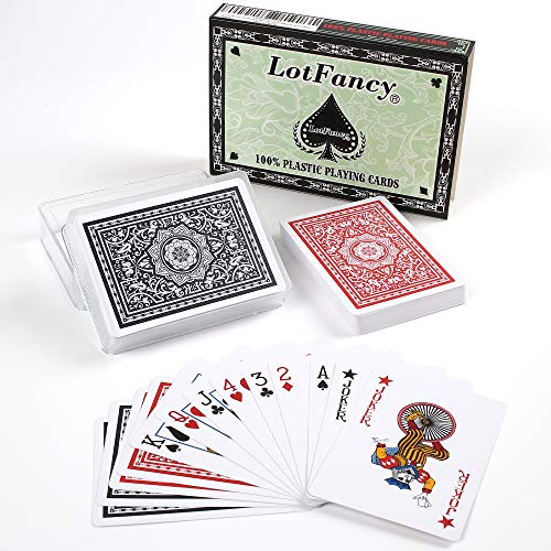 LotFancy Waterproof Playing Cards, 100% Plastic, 2 Decks of Cards with Cases, for Pool Beach Water Card Games, Magic Trick Props, Poker Size Standard Index, Black & Red - style: Red Black Back Standard Index