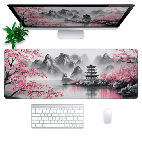Retro Cherry Blossom Mouse Pad Abstract Big Mouse Pad 31.5x11.8 Inch Retro Texture Non-Slip Rubber Base Large Mousepad Stitched Edges Keyboard Mouse Mat Desk Pad for Office and Home - color: Retro Cherry Blossom