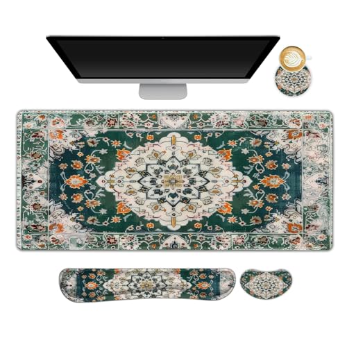AIMSA Desk Mat Set, Large Mouse Pad + Mouse Wrist Rest + Keyboard Wrist Support + Coaster, 4in1 Rug Gaming Mouse Pad Combo for Home Office, Retro Boho Art - color: Retro Boho Art