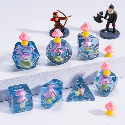 Mushrooms DND Dice Set, Resin Animal Polyhedral Dice for Dungeons and Dragons, RPG, MTG D&D 7-DIE (D4, D6, D8, D10, D12, D20, D%) - color: Pink Mushrooms