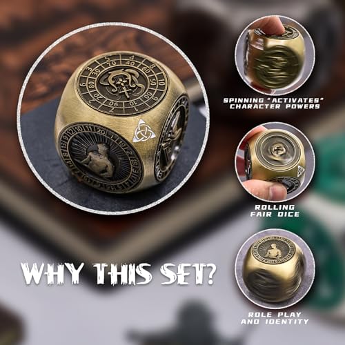 7-in-1 메탈 DND 주사위 스피너 큐브, 테이블 탑 RPG용 3D 릴리프, 던전 마스터 및 플레이어를 위한 선물 상자 (브론즈) - color: 브론즈
