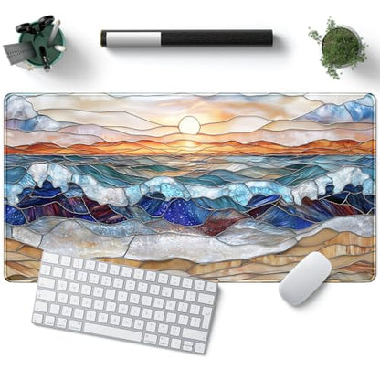 Mountain Sunrise Gaming Mouse Pad Large Desk Mat Extended Mouse and Keyboard Pad, Faux Stained Glass Nature Mousepad with Stitched Edge Mouse Desk Pad Computer Mat Soft Aesthetic Decor 31.5 X 15.7 in - color: D-enamel Beach