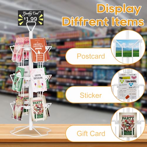 ORLESS Greeting Card Rack Display Stand, 3 Tier Rotating Card Holder Display Retail, 12 Pocket Metal Postcard Holder Display Stand, Greeting Card Holder for Postcards, Brochures, Stickers, Showcase(White) - color: White