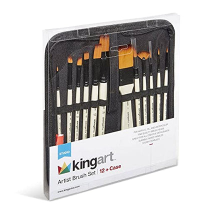KINGART 12-Piece Professional Acrylic Painting Brush Set – Synthetic Nylon Brushes for Acrylic, Oil, Watercolor, Gouache – Canvas Case - Nail Miniature Detailing & Rock Painting