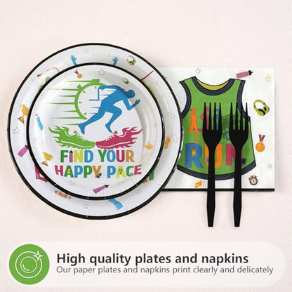 96 Pcs Happy Running Birthday Party Decorations, Serves 24 | Find Your Happy Pace Plates and Napkins Sports Fitness Tableware Set for Athletes Run Marathon Birthday Sports Party Supplies - style: Run Happy Birthday Plates m