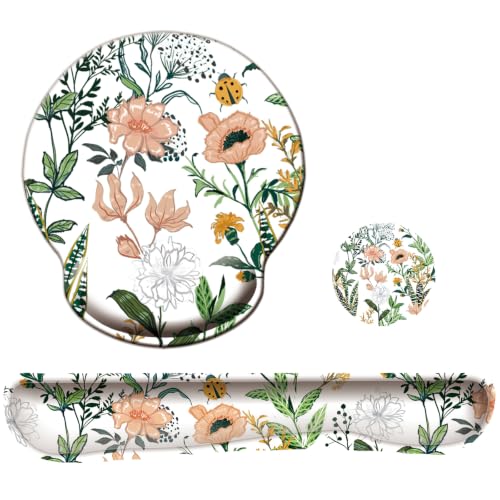 Keyboard Wrist Rest Pad Mouse Pad with Wrist Support Set of 3, Mousepad with Non-Slip Rubber Base, Ergonomic Memory Foam Mouse Wrist Cushion Support for Home Office Laptop Computer, Flower White - color: Flower White