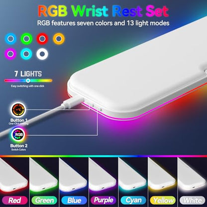 2-in-1 온열 손목 받침대 세트, RGB 조명 및 미끄럼 방지 베이스가 있는 인체 공학적 메모리 손목 패드, 컴퓨터 노트북, 사무실 작업 및 PC 게임용 키보드 마우스 손목 받침대 - color: 화이트.