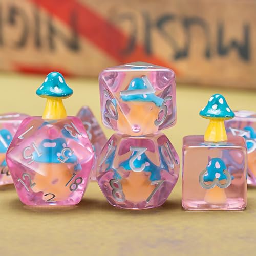 DND Mushroom Resin Dice Set, Polyhedral Dice for Dungeons and Dragons, RPG, MTG D&D 7-DIE (D4, D6, D8, D10, D12, D20, D%) - color: Blue Mushroom