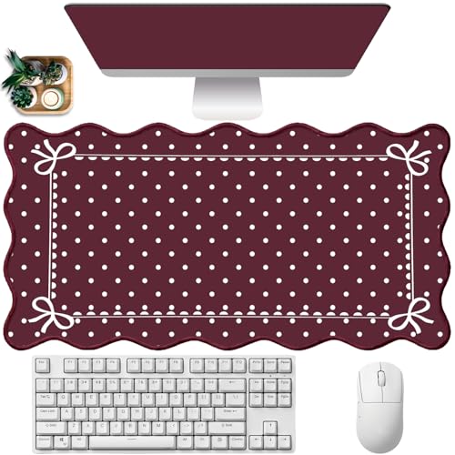 Burgundy Scalloped Desk Mat Polka Dot Mouse Pad Cottagecore Aesthetic Desk Pad Mat Dots Large Gaming Mousepad Bow Computer Keyboard Mouse Mat Cute Cozy Kawaii Desk Decor Women Office 31.5"x15.7" - color: Burgundy Dots