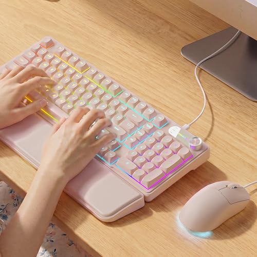 EWEADN Wired Keyboard and Mouse Combo with Detachable Wrist Rest, Quiet Ergonomic Keyboard Mouse Set with Multimedia Knob, RGB Backlit, Double-Shot Keycaps Natural Typing for Laptop, PC - Peach - color: Peach