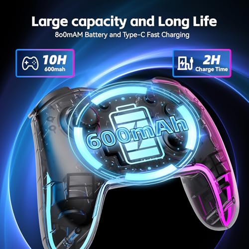 Wireless Pro Ergonomic Controller for Switch/PC/iOS/Andorid | Compatible with Lite/OLED/. 7-Color RGB Lighting, Turbo/Vibration Adjustment, 10H Battery life, One-Key Wake-Up. - color: TransparentBlack