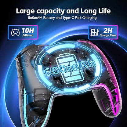 Wireless Pro Ergonomic Controller for Switch/PC/iOS/Andorid | Compatible with Lite/OLED/. 7-Color RGB Lighting, Turbo/Vibration Adjustment, 10H Battery life, One-Key Wake-Up. - color: TransparentBlack