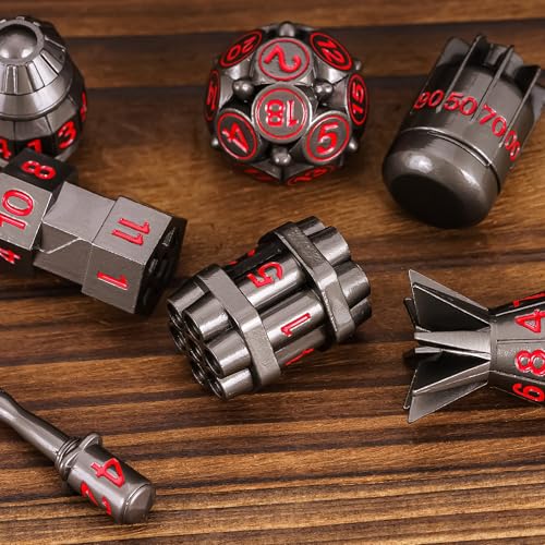 UDIXI RPG Metal Dice Set D&D 7PCS Polyhedral Metal DND Dice Set Black | Bomb Shape, Solid Metal, Cool Design, Leather Pouch Packaging, for Dungeons and Dragons Role Playing Games Tabletop Game - color: Black Red