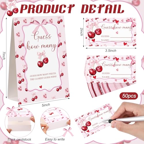 Cherry Bow Guess How Many Baby Shower Game Pack of 1 Tabletop Sign with Stand and 50 How Many Cards, Coquette Cherry Gender Reveal Party Game Decorations - style: Cherry Bow