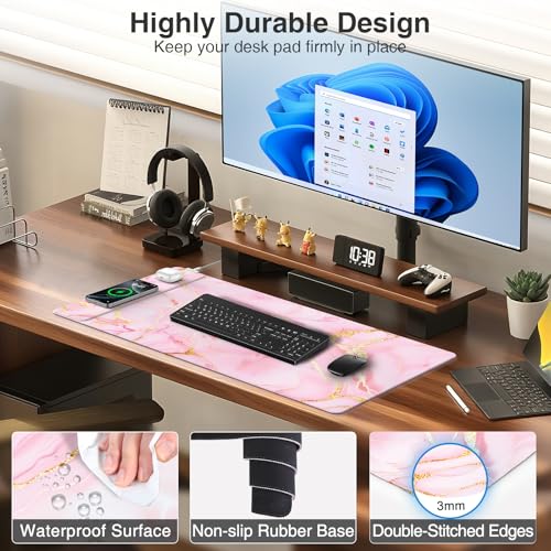 Pink Marble Mouse Pad with 15W Wireless Charging, 31.5"x15.8" in | Large Gaming Desk Pad/Mat for Women Girls, Waterproof Ultra-Smooth Surface, Non-Slip Base - color: Pink Marble-31.5"x15.8"