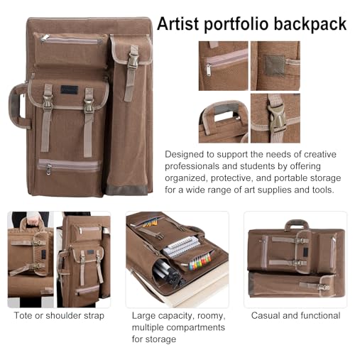 TRANSON Art Portfolio Case Artist Backpack Canvas Bag Large 26” x 19.5” - color: Brown