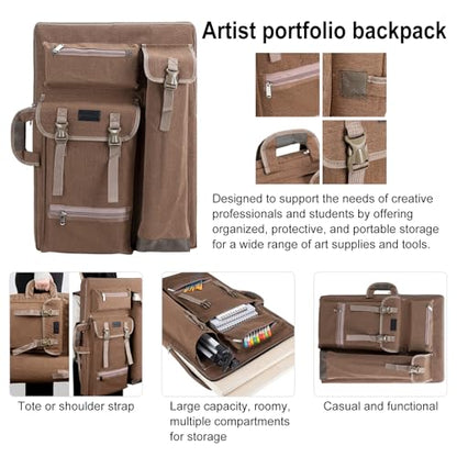 TRANSON Art Portfolio Case Artist Backpack Canvas Bag Large 26” x 19.5” - color: Brown