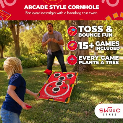 Swooc Games - Coney Island Toss™ - Arcade Style Cornhole Board Set w/Carrying Case & 15+ Games - Corn Hole Games for Adults - Kids Bean Bag Toss Game - Kids Cornhole Set w/Bags - Outdoor Yard Games