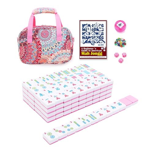 American Mahjong Tile Set with Printed Handbag, 166 Premium Pink Tile and Accessories, Portable and Stylish Mahjong Set, Mahjong Game Set for Travel, Gifts（Pink, No Racks） - color: Pink
