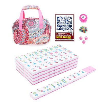 American Mahjong Tile Set with Printed Handbag, 166 Premium Pink Tile and Accessories, Portable and Stylish Mahjong Set, Mahjong Game Set for Travel, Gifts（Pink, No Racks） - color: Pink