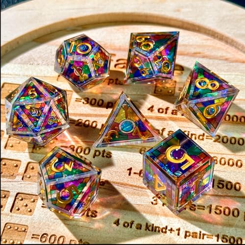 HAOMEJA Double Layered Resin Dice Set 7pcs/ Stained Glass Effect & Gold Numbers/Sharp Edged Polyhedral Dice/Apply to D&D/DND/Role Playing Game/RPG/Party Gift (Rainbow) - color: 3 Rainbow